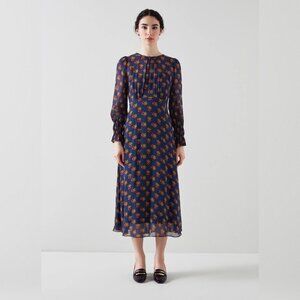 LK BENNETT Wren Blu-navy Multi Crewneck Floral-print Woven Midi Dress Sz 8